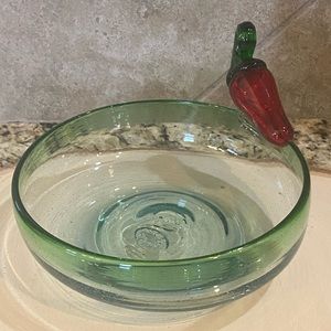 Hand Blown Mexican Green Art Glass Salsa Bowl with Chili Jalapeño Red Pepper